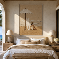 White Umbrella Guards the Tide - Seated Beach Woman and Surfboards painting by Claire Whitmore, modern coastal vertical wall art – styled room scene view 4