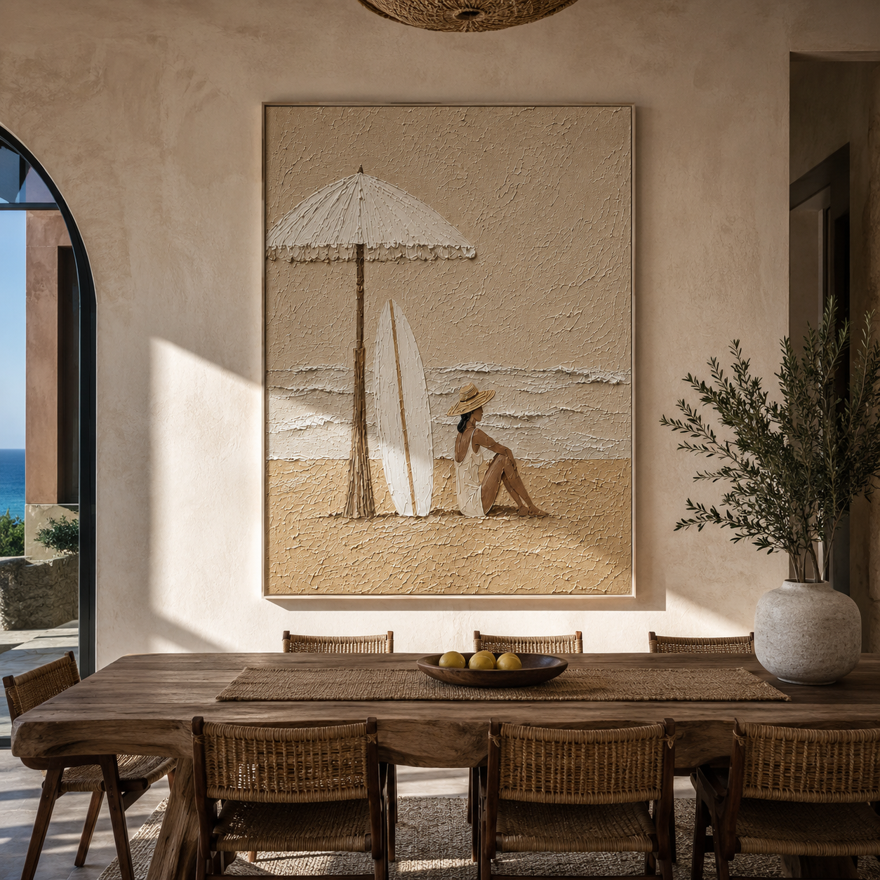 White Umbrella Guards the Tide - Seated Beach Woman and Surfboards painting by Claire Whitmore, modern coastal vertical wall art – styled room scene view 5