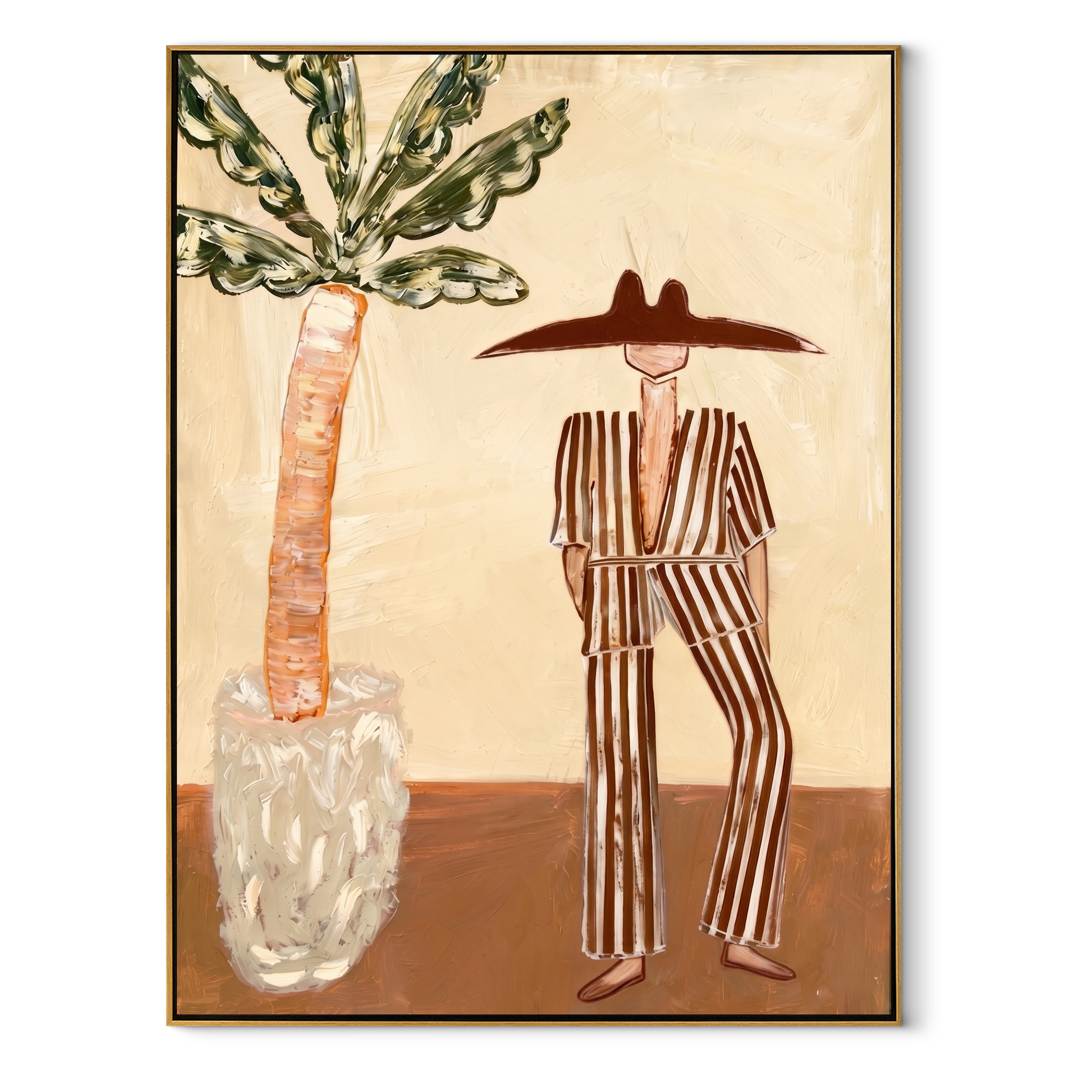 Striped Heat Stands by the Palm - Resort Figure with Broad Hat painting by Claire Whitmore, modern coastal vertical wall art – wood frame on white background