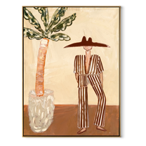 Striped Heat Stands by the Palm - Resort Figure with Broad Hat painting by Claire Whitmore, modern coastal vertical wall art – wood frame on white background
