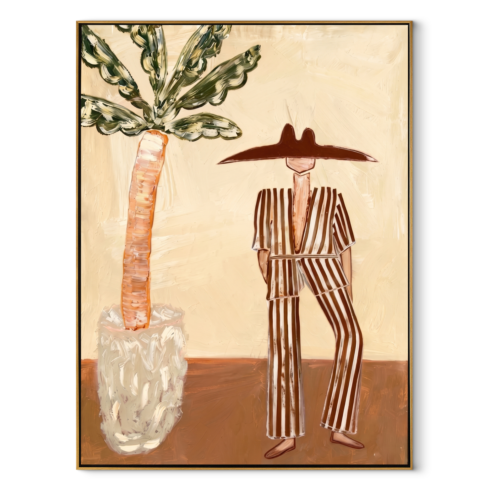 Striped Heat Stands by the Palm - Resort Figure with Broad Hat painting by Claire Whitmore, modern coastal vertical wall art – wood frame on white background