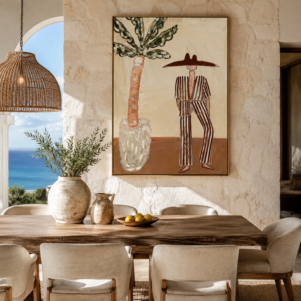 Striped Heat Stands by the Palm - Resort Figure with Broad Hat painting by Claire Whitmore, modern coastal vertical wall art – styled room scene view 2