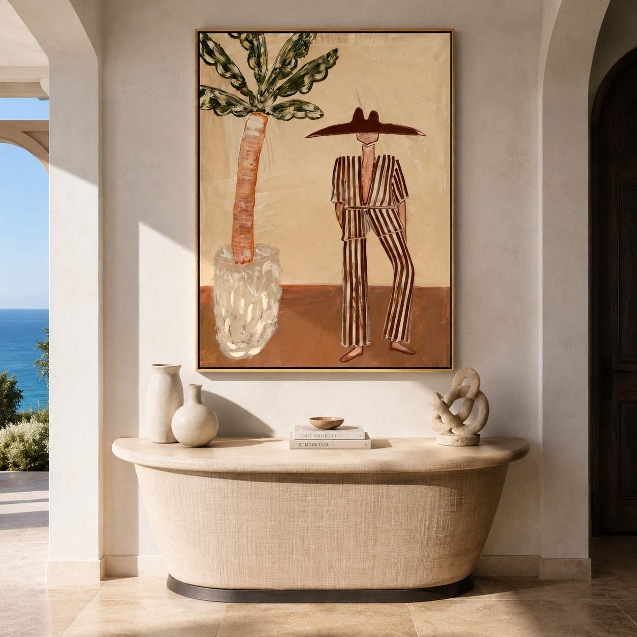 Striped Heat Stands by the Palm - Resort Figure with Broad Hat painting by Claire Whitmore, modern coastal vertical wall art – styled room scene view 3