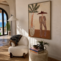Striped Heat Stands by the Palm - Resort Figure with Broad Hat painting by Claire Whitmore, modern coastal vertical wall art – styled room scene view 4