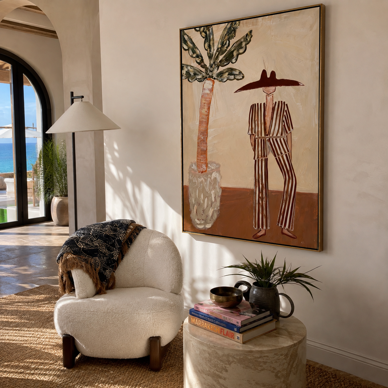 Striped Heat Stands by the Palm - Resort Figure with Broad Hat painting by Claire Whitmore, modern coastal vertical wall art – styled room scene view 4