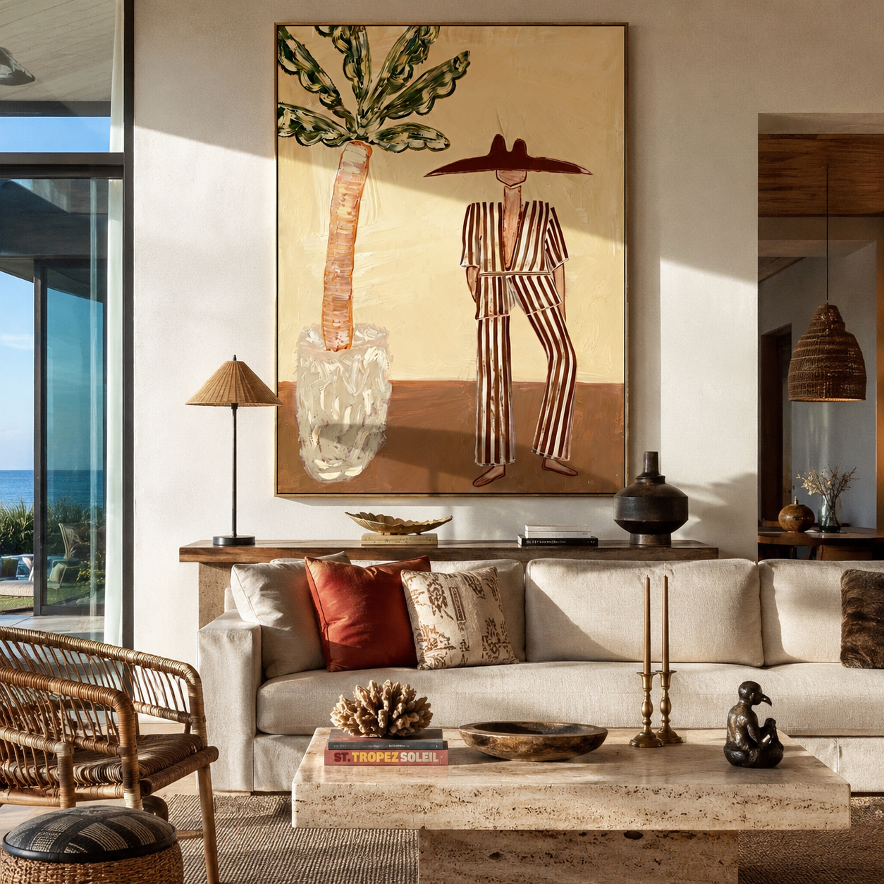 Striped Heat Stands by the Palm - Resort Figure with Broad Hat painting by Claire Whitmore, modern coastal vertical wall art – styled room scene view 5