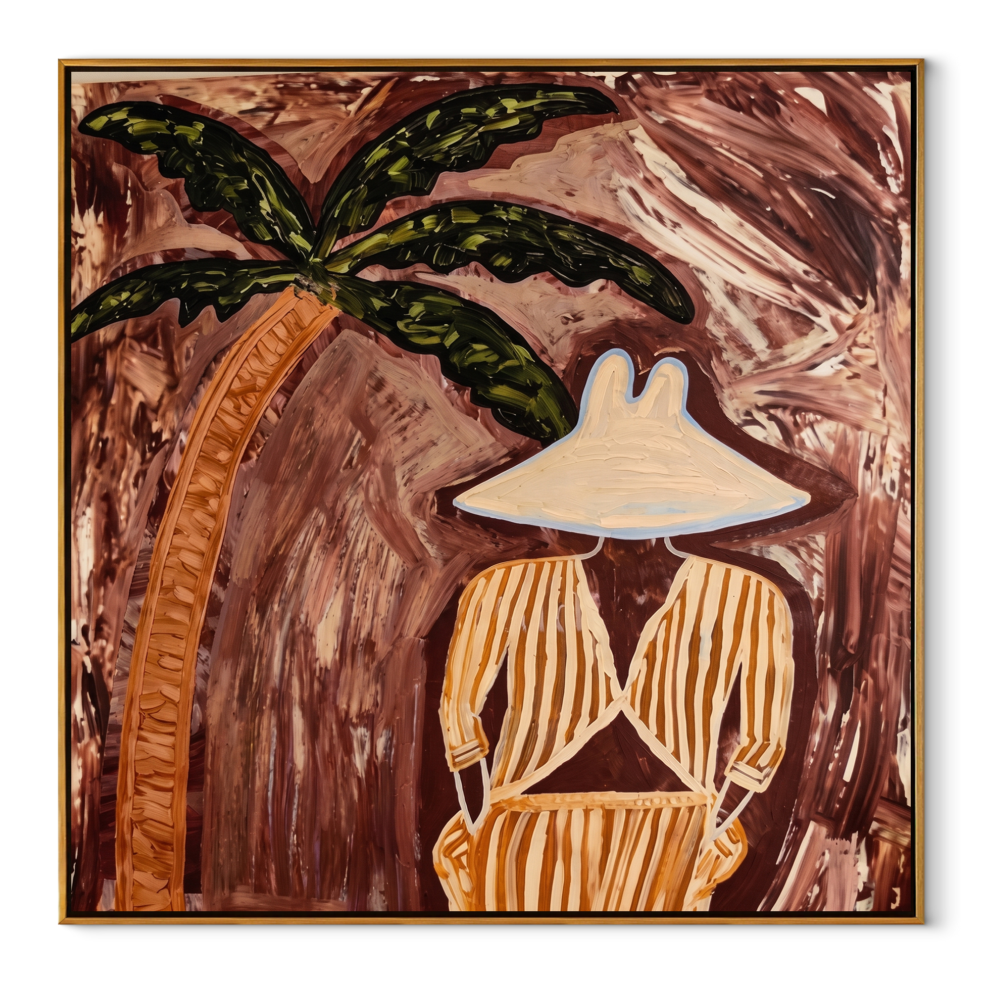 Cocoa Palms Shelter Her Stillness - Striped Woman under Palm painting by Claire Whitmore, modern coastal square wall art – wood frame on white background