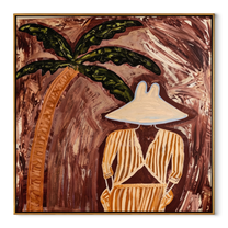 Cocoa Palms Shelter Her Stillness - Striped Woman under Palm painting by Claire Whitmore, modern coastal square wall art – wood frame on white background