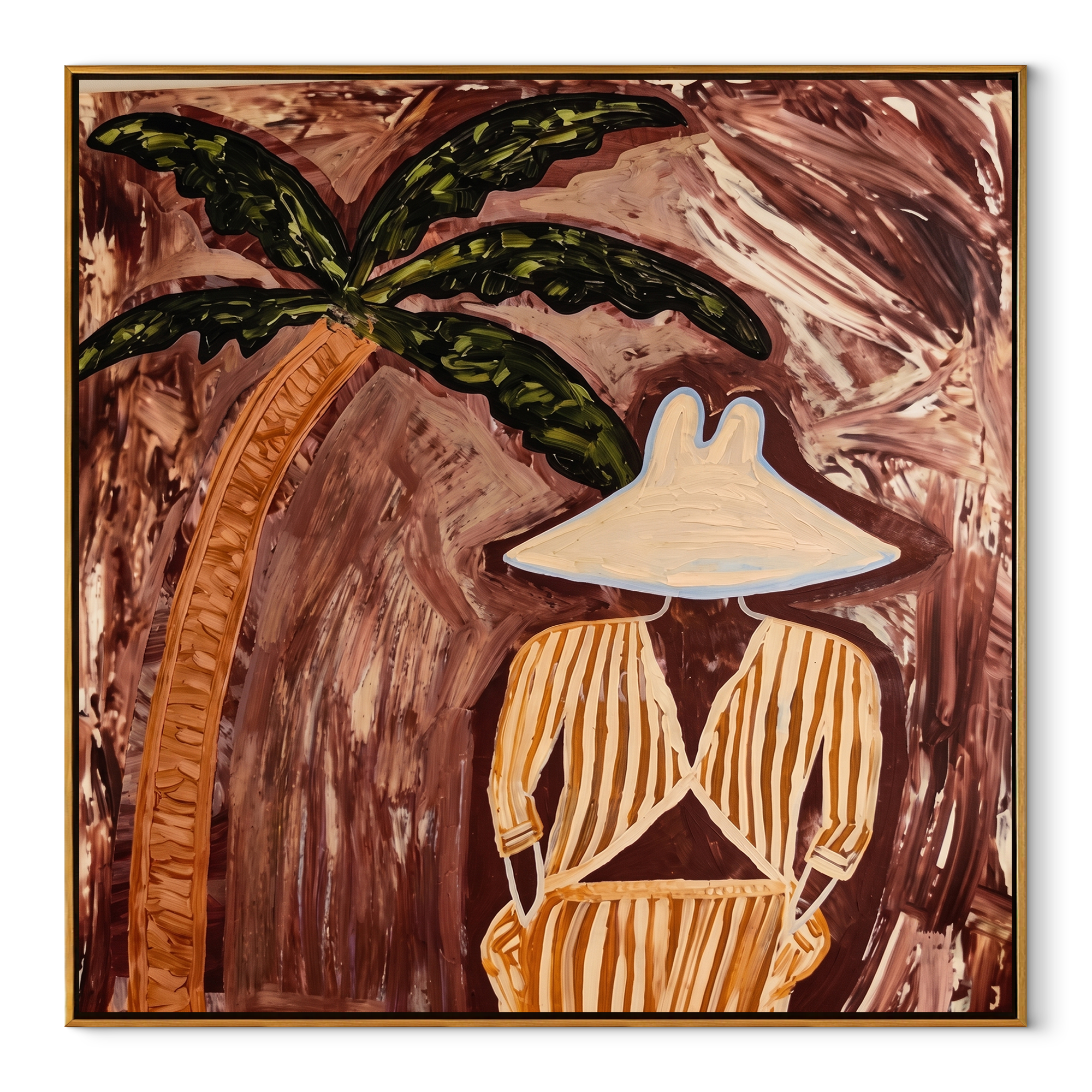 Cocoa Palms Shelter Her Stillness - Striped Woman under Palm painting by Claire Whitmore, modern coastal square wall art – wood frame on white background