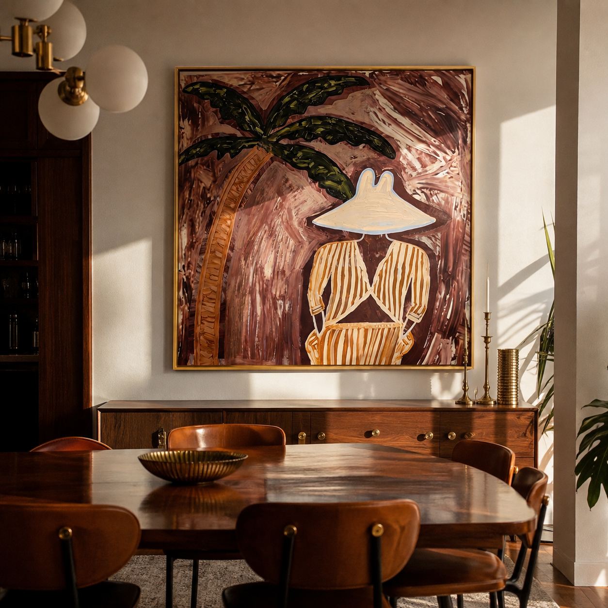 Cocoa Palms Shelter Her Stillness - Striped Woman under Palm painting by Claire Whitmore, modern coastal square wall art – styled room scene view 2