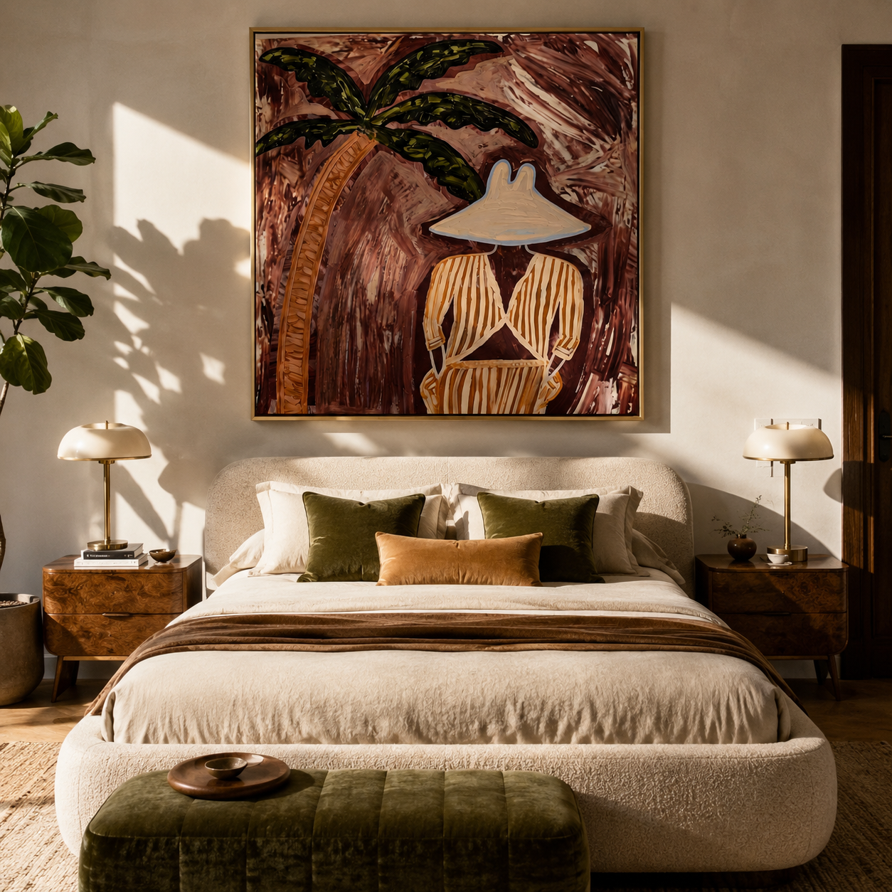 Cocoa Palms Shelter Her Stillness - Striped Woman under Palm painting by Claire Whitmore, modern coastal square wall art – styled room scene view 3
