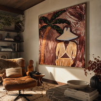 Cocoa Palms Shelter Her Stillness - Striped Woman under Palm painting by Claire Whitmore, modern coastal square wall art – styled room scene view 4