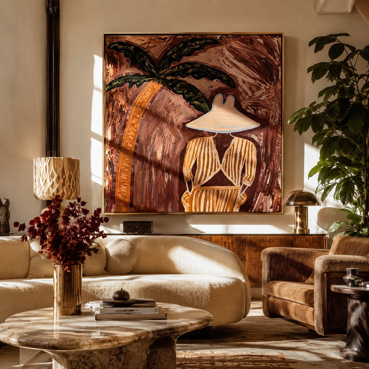 Cocoa Palms Shelter Her Stillness - Striped Woman under Palm painting by Claire Whitmore, modern coastal square wall art – styled room scene view 5
