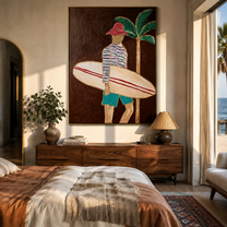 Coral Stripes Carry the Board - Surfer beside a Night Palm painting by Claire Whitmore, modern coastal vertical wall art – styled room scene view 1