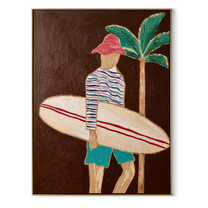 Coral Stripes Carry the Board - Surfer beside a Night Palm painting by Claire Whitmore, modern coastal vertical wall art – wood frame on white background
