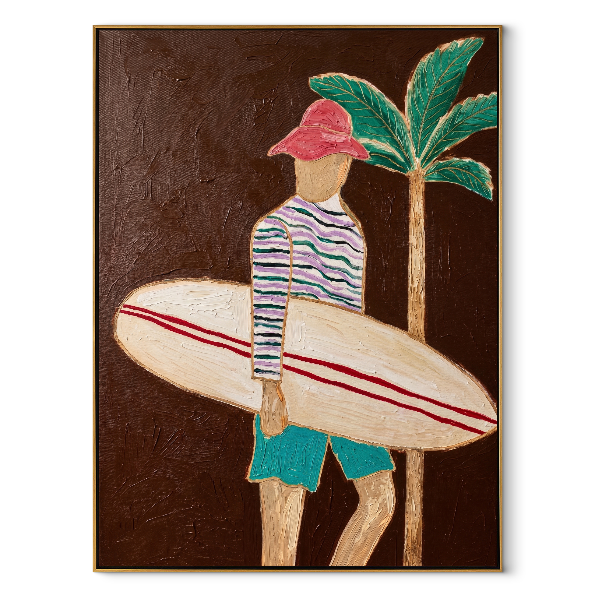 Coral Stripes Carry the Board - Surfer beside a Night Palm painting by Claire Whitmore, modern coastal vertical wall art – wood frame on white background