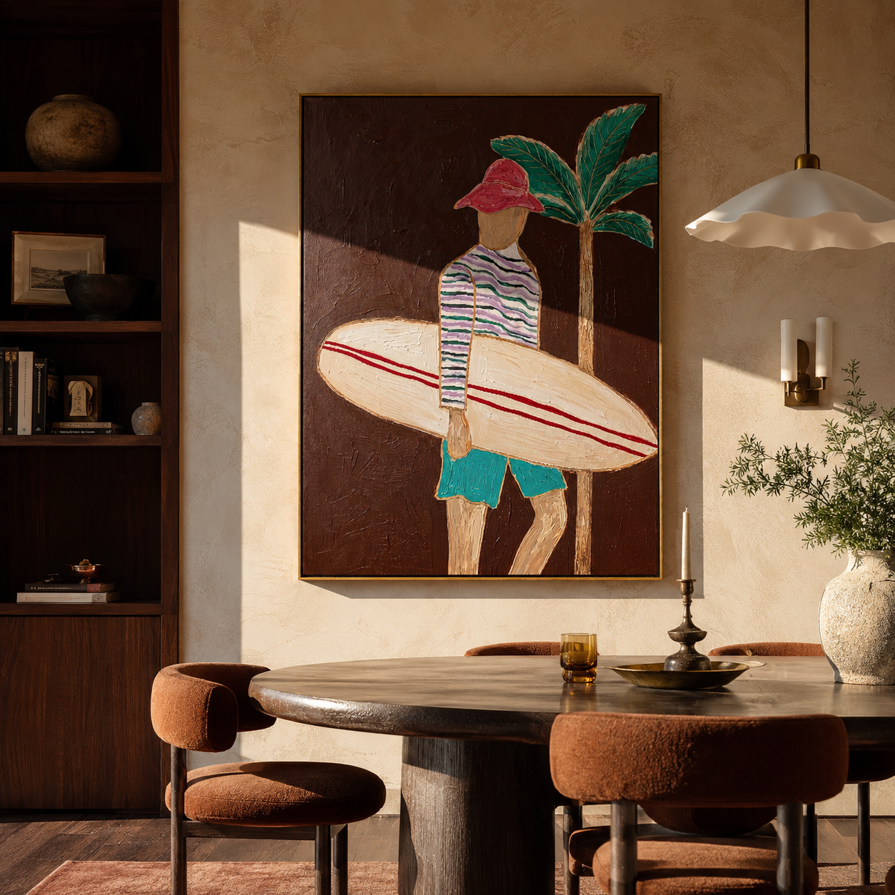 Coral Stripes Carry the Board - Surfer beside a Night Palm painting by Claire Whitmore, modern coastal vertical wall art – styled room scene view 2