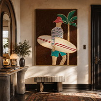 Coral Stripes Carry the Board - Surfer beside a Night Palm painting by Claire Whitmore, modern coastal vertical wall art – styled room scene view 3