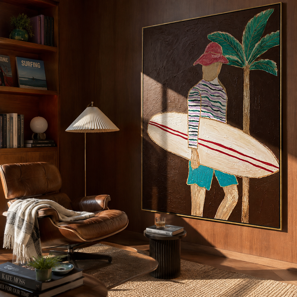 Coral Stripes Carry the Board - Surfer beside a Night Palm painting by Claire Whitmore, modern coastal vertical wall art – styled room scene view 4