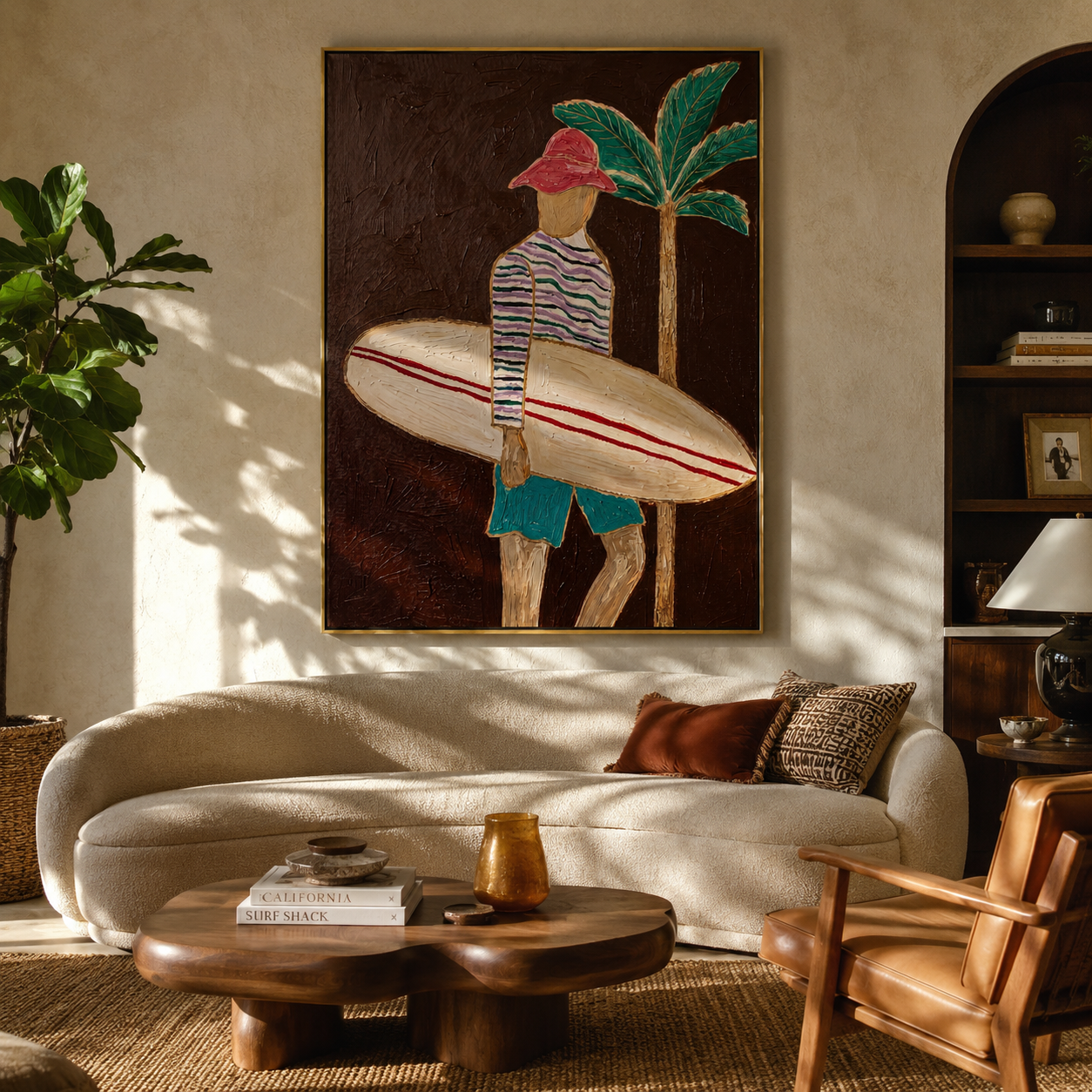 Coral Stripes Carry the Board - Surfer beside a Night Palm painting by Claire Whitmore, modern coastal vertical wall art – styled room scene view 5