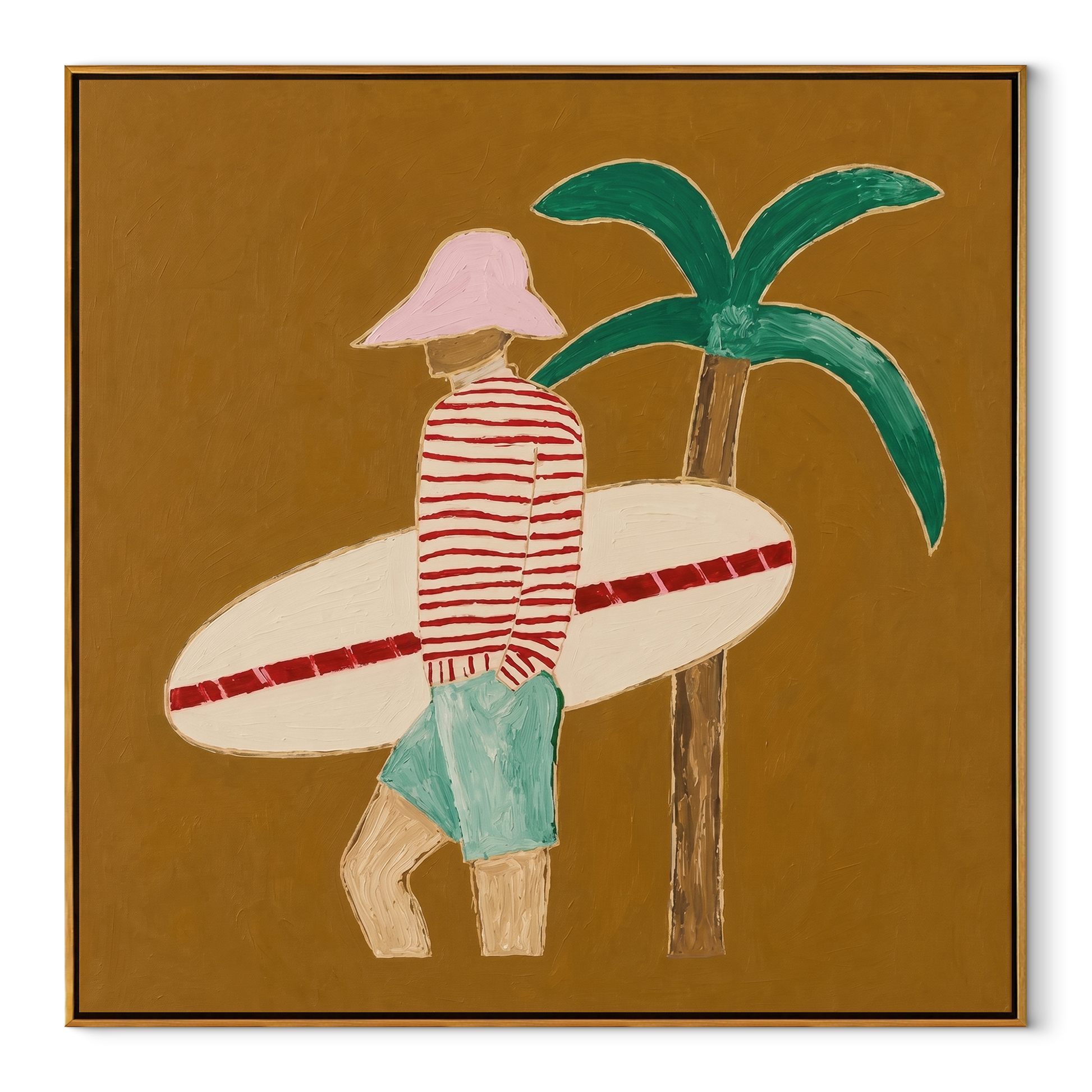 Red Stripes Pause beneath the Palm - Golden Beach Surfer painting by Claire Whitmore, modern coastal square wall art – wood frame on white background
