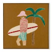 Red Stripes Pause beneath the Palm - Golden Beach Surfer painting by Claire Whitmore, modern coastal square wall art – wood frame on white background