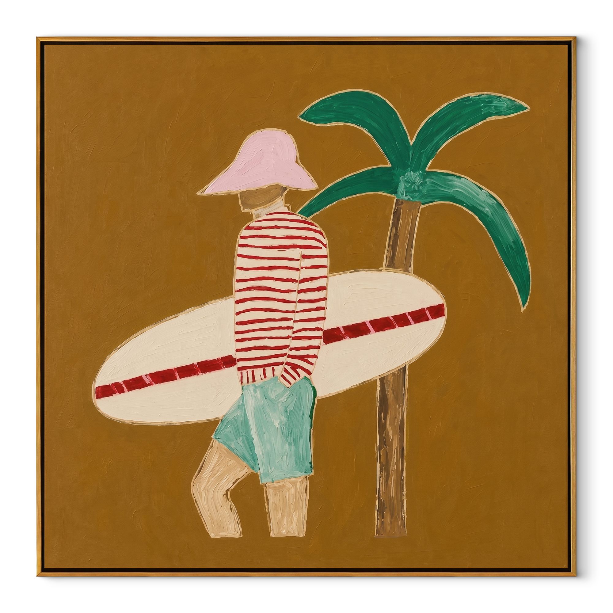 Red Stripes Pause beneath the Palm - Golden Beach Surfer painting by Claire Whitmore, modern coastal square wall art – wood frame on white background