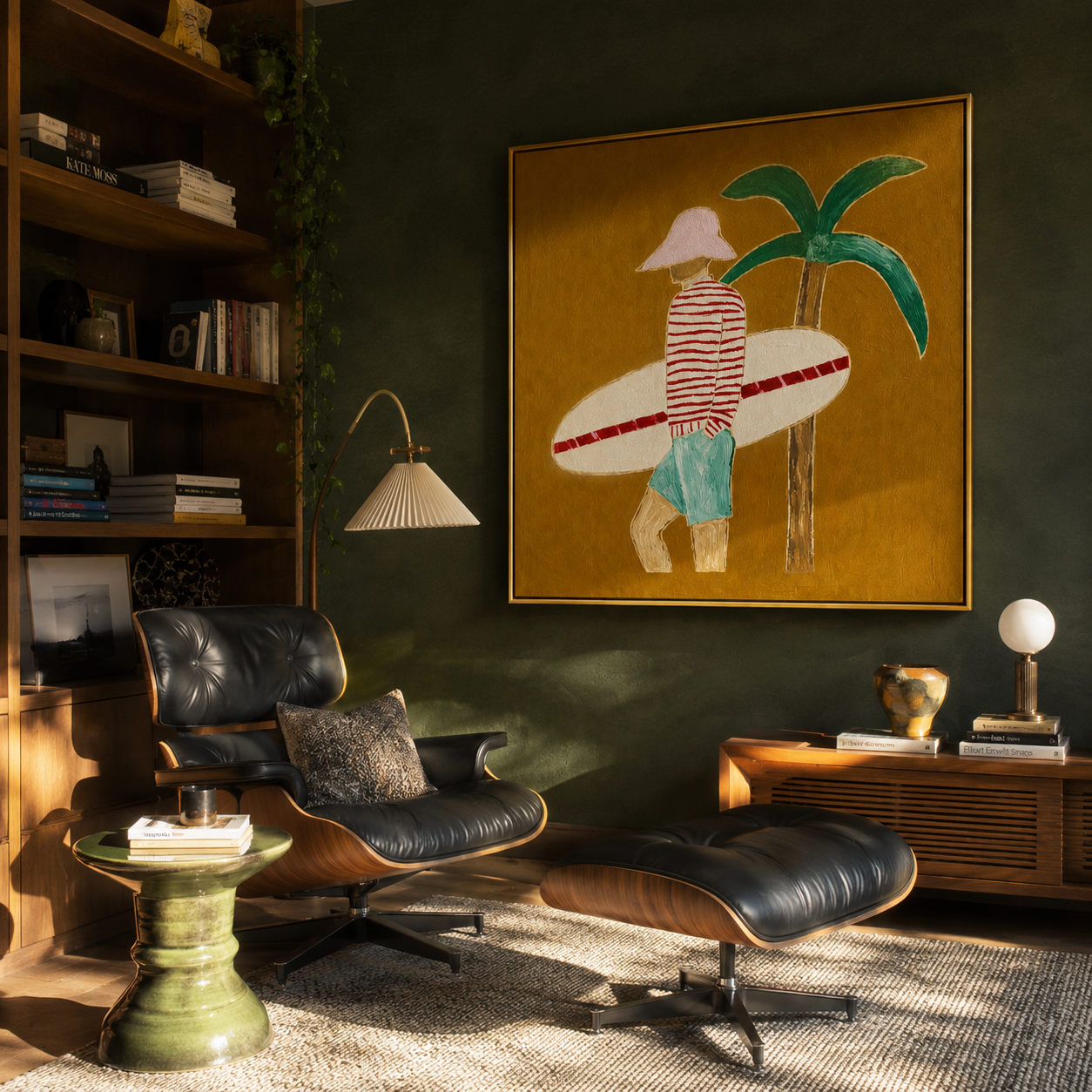 Red Stripes Pause beneath the Palm - Golden Beach Surfer painting by Claire Whitmore, modern coastal square wall art – styled room scene view 3