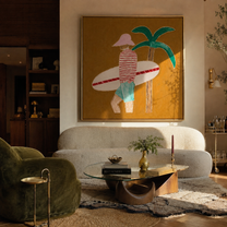 Red Stripes Pause beneath the Palm - Golden Beach Surfer painting by Claire Whitmore, modern coastal square wall art – styled room scene view 4