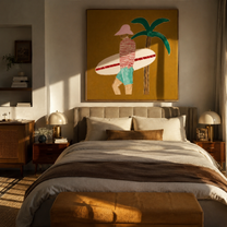 Red Stripes Pause beneath the Palm - Golden Beach Surfer painting by Claire Whitmore, modern coastal square wall art – styled room scene view 5
