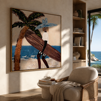 Blue Brim Leans into the Tide - Beach Woman beside Curved Palm painting by Claire Whitmore, modern coastal square wall art – styled room scene view 1