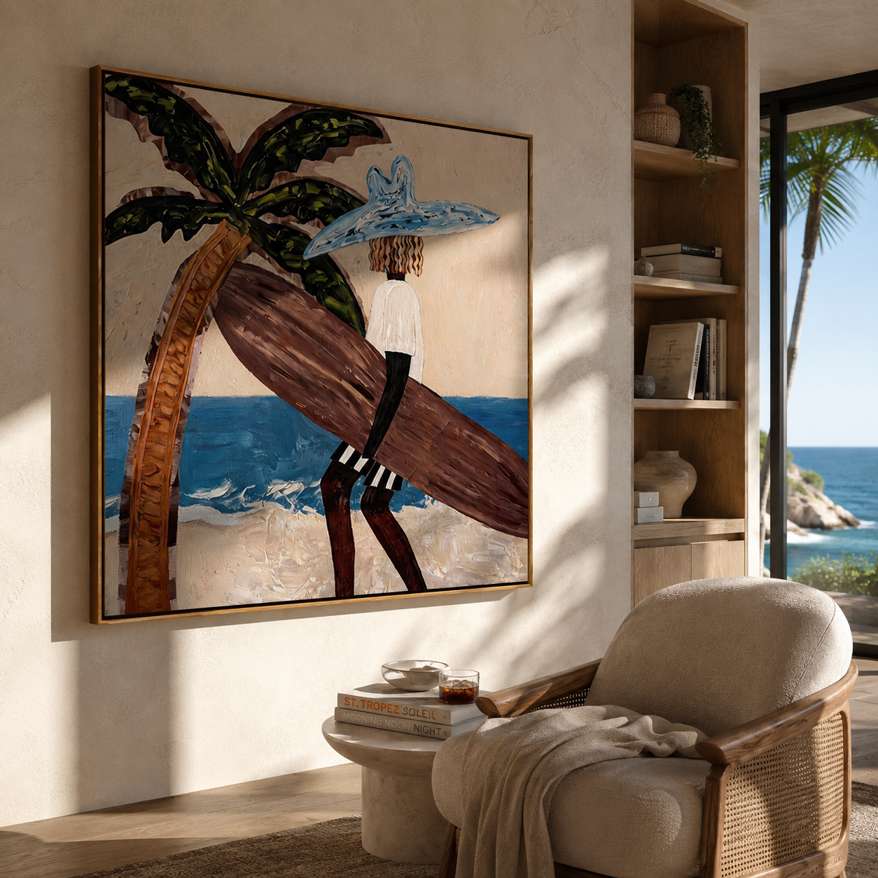 Blue Brim Leans into the Tide - Beach Woman beside Curved Palm painting by Claire Whitmore, modern coastal square wall art – styled room scene view 1