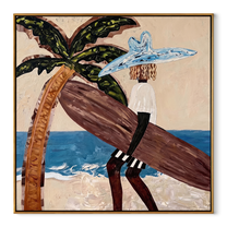 Blue Brim Leans into the Tide - Beach Woman beside Curved Palm painting by Claire Whitmore, modern coastal square wall art – wood frame on white background