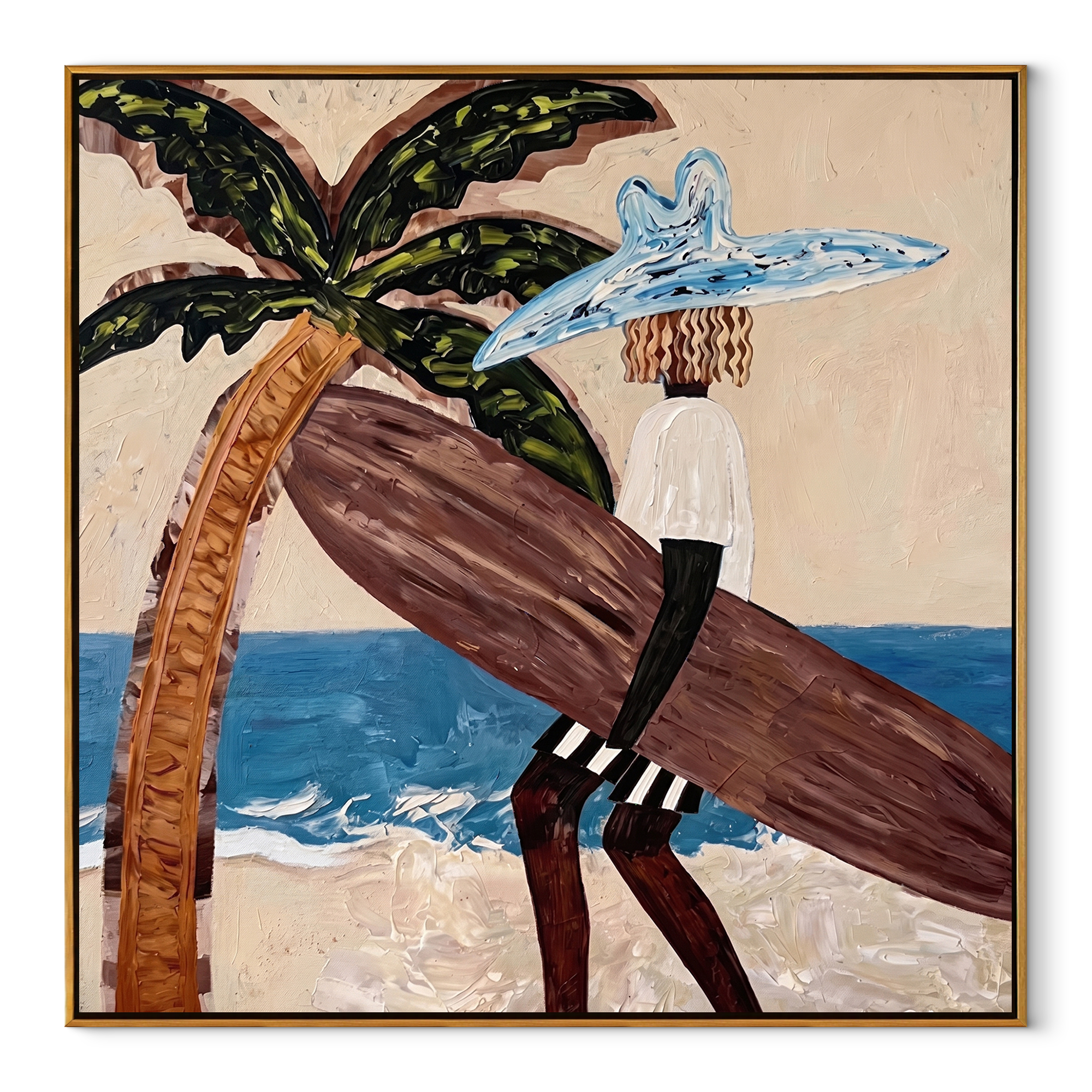 Blue Brim Leans into the Tide - Beach Woman beside Curved Palm painting by Claire Whitmore, modern coastal square wall art – wood frame on white background
