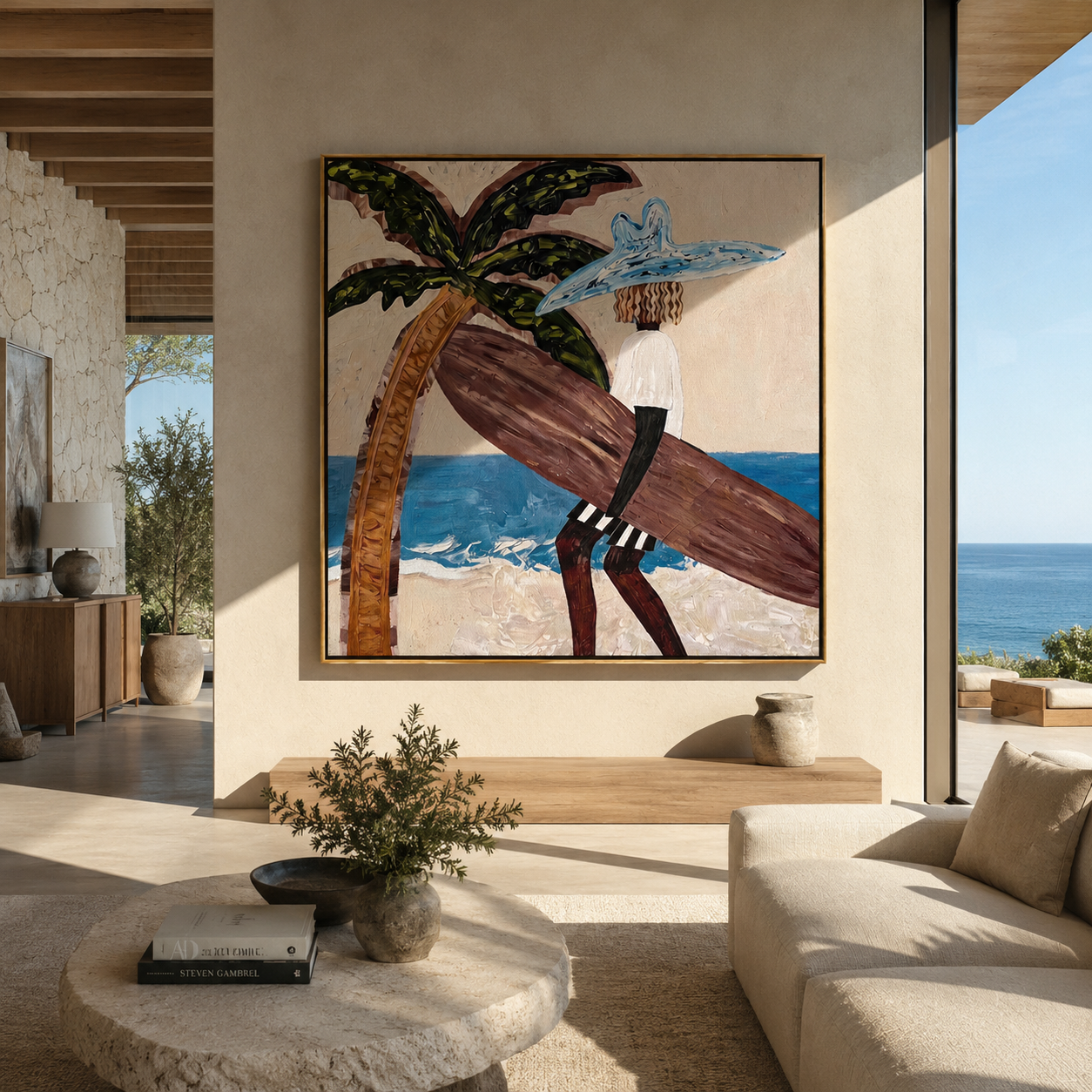 Blue Brim Leans into the Tide - Beach Woman beside Curved Palm painting by Claire Whitmore, modern coastal square wall art – styled room scene view 2