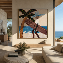 Blue Brim Leans into the Tide - Beach Woman beside Curved Palm painting by Claire Whitmore, modern coastal square wall art – styled room scene view 2
