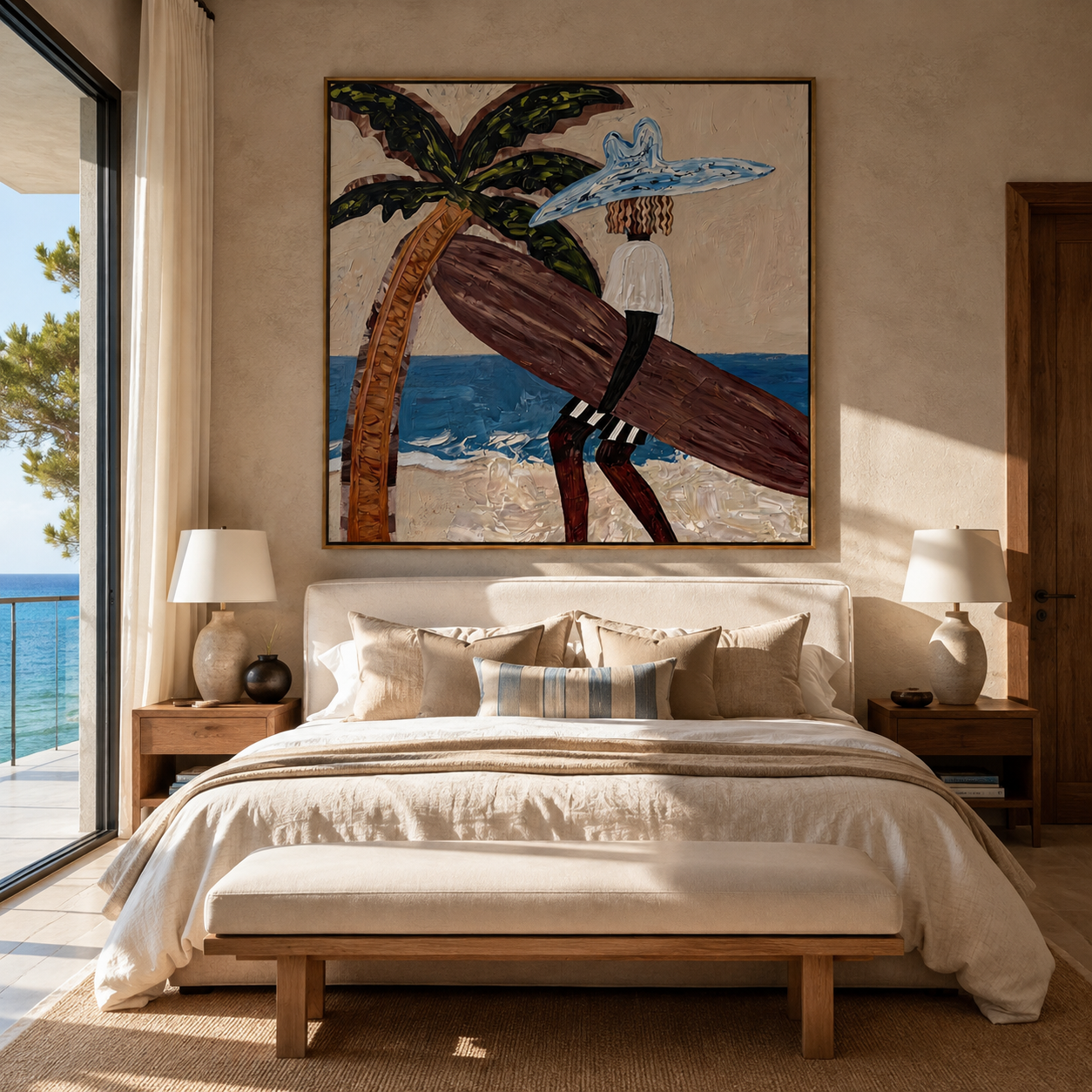 Blue Brim Leans into the Tide - Beach Woman beside Curved Palm painting by Claire Whitmore, modern coastal square wall art – styled room scene view 3