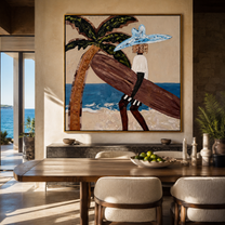 Blue Brim Leans into the Tide - Beach Woman beside Curved Palm painting by Claire Whitmore, modern coastal square wall art – styled room scene view 4