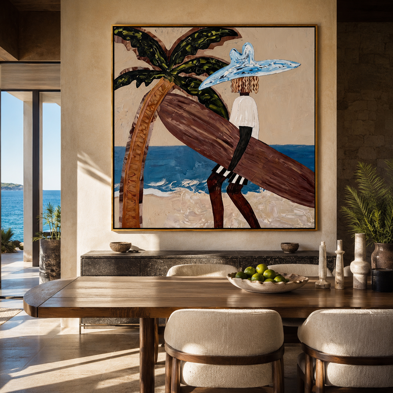 Blue Brim Leans into the Tide - Beach Woman beside Curved Palm painting by Claire Whitmore, modern coastal square wall art – styled room scene view 4