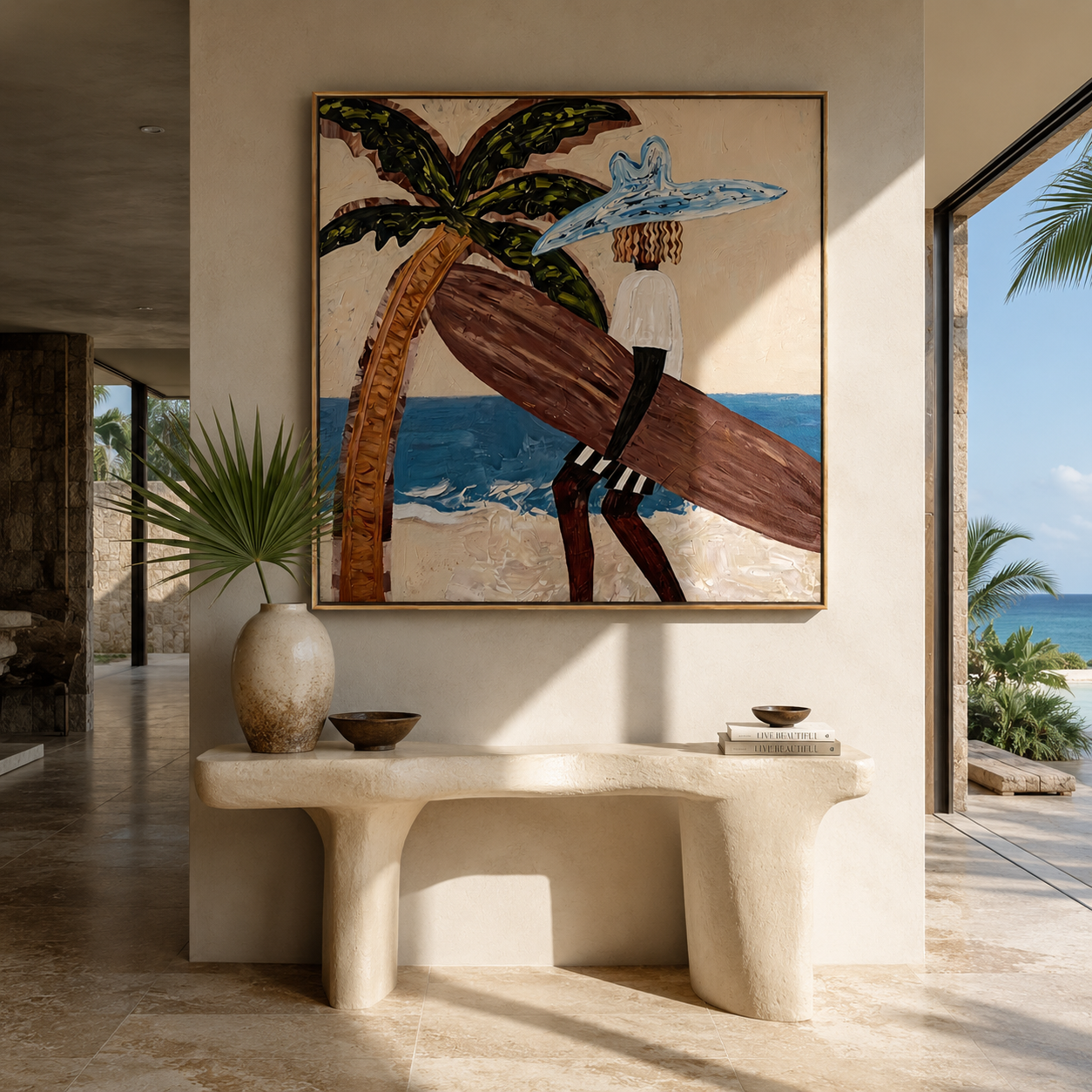 Blue Brim Leans into the Tide - Beach Woman beside Curved Palm painting by Claire Whitmore, modern coastal square wall art – styled room scene view 5
