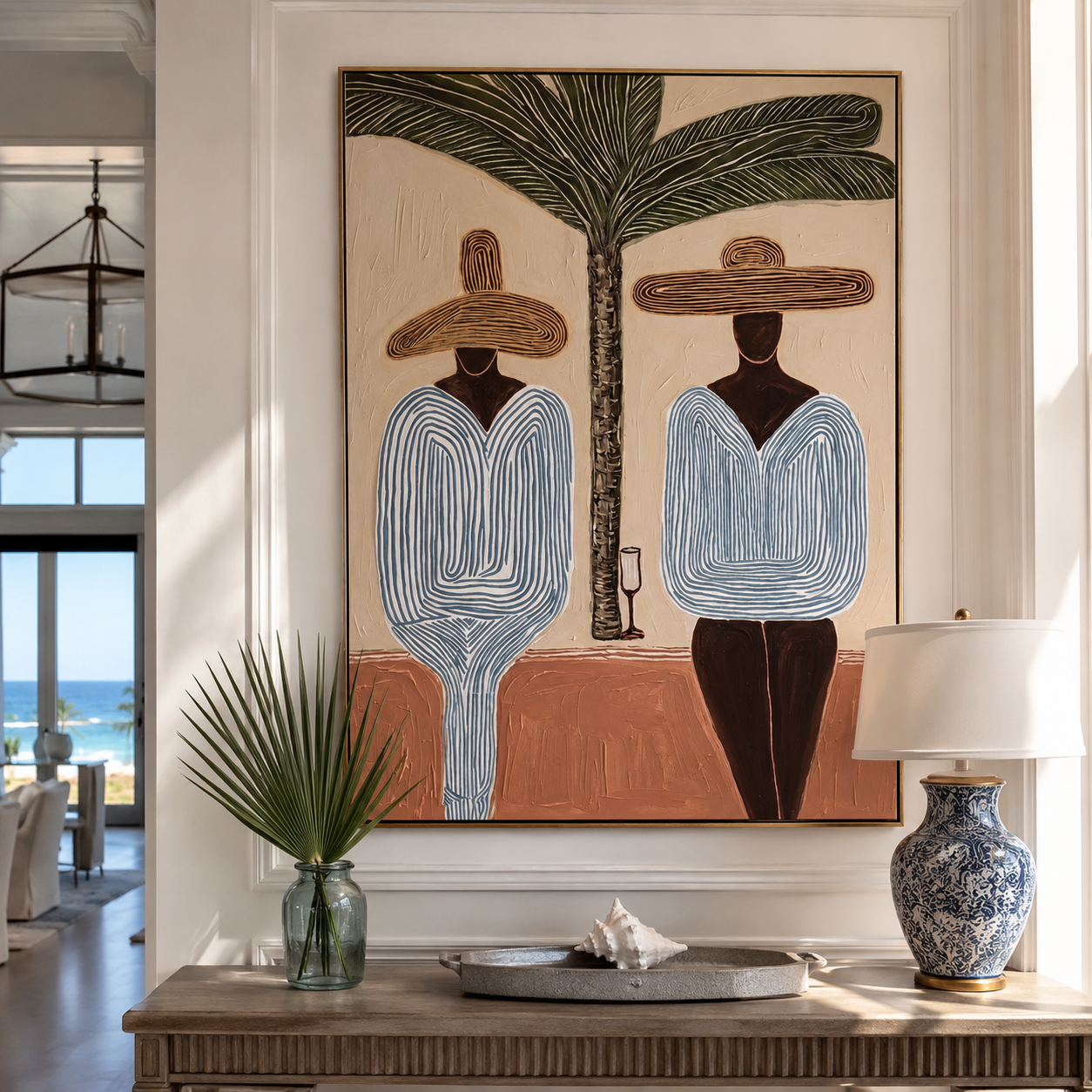 Two Blue Silhouettes Share the Shade - Striped Resort Friends under Palm painting by Claire Whitmore, modern coastal vertical wall art – styled room scene view 1
