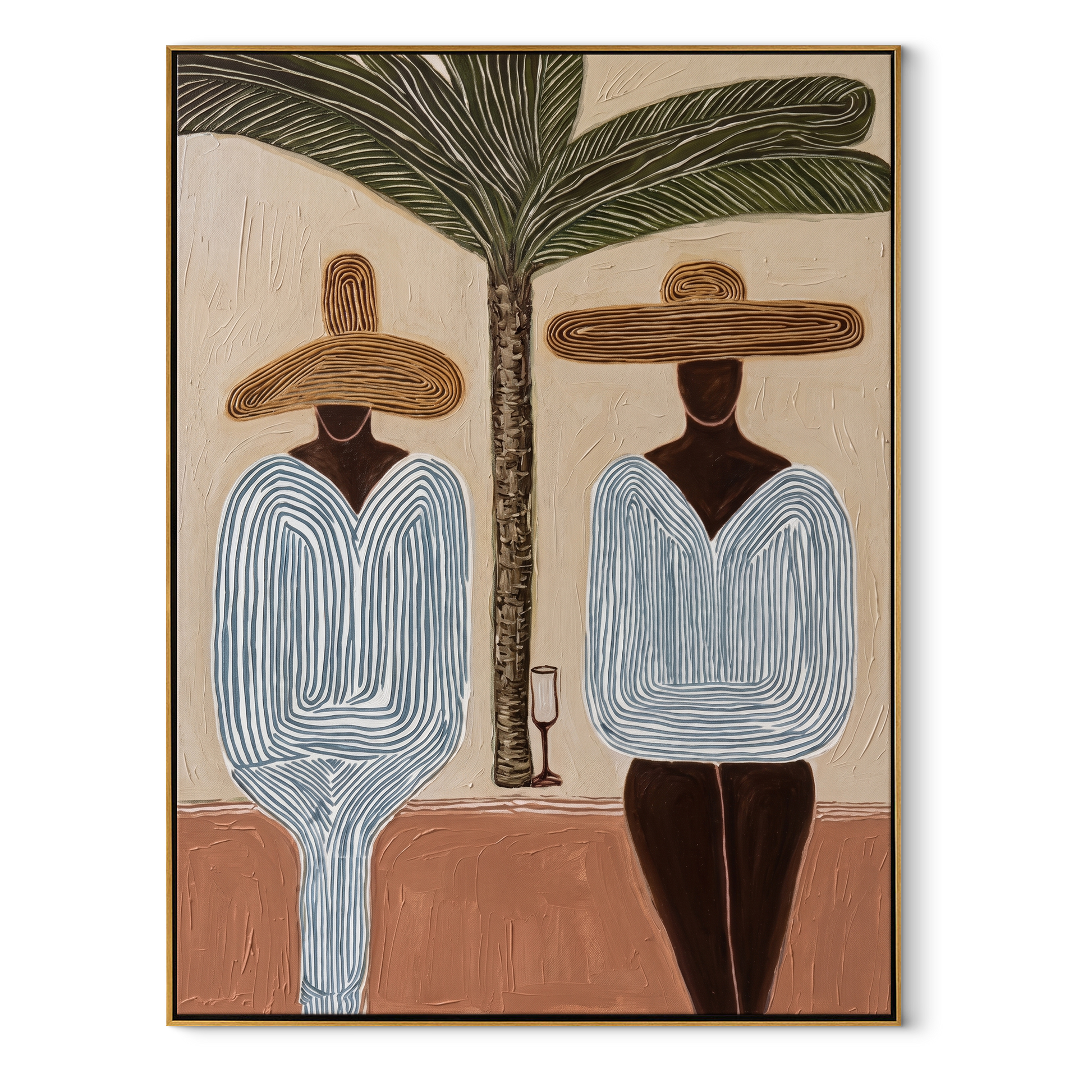 Two Blue Silhouettes Share the Shade - Striped Resort Friends under Palm painting by Claire Whitmore, modern coastal vertical wall art – wood frame on white background