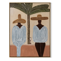 Two Blue Silhouettes Share the Shade - Striped Resort Friends under Palm painting by Claire Whitmore, modern coastal vertical wall art – wood frame on white background