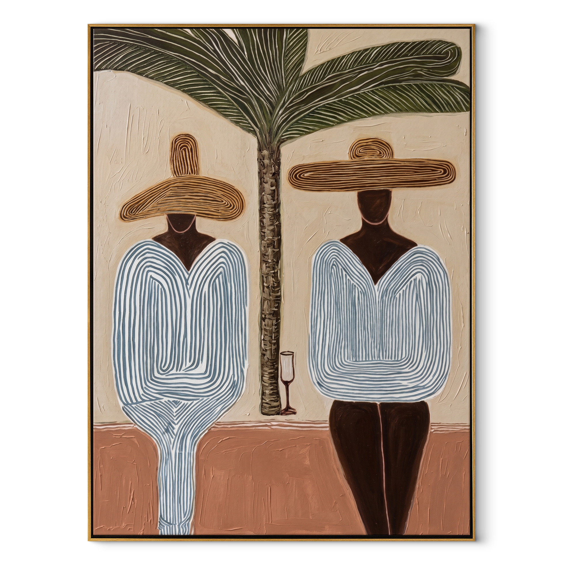 Two Blue Silhouettes Share the Shade - Striped Resort Friends under Palm painting by Claire Whitmore, modern coastal vertical wall art – wood frame on white background