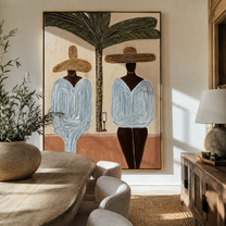 Two Blue Silhouettes Share the Shade - Striped Resort Friends under Palm painting by Claire Whitmore, modern coastal vertical wall art – styled room scene view 2
