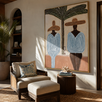 Two Blue Silhouettes Share the Shade - Striped Resort Friends under Palm painting by Claire Whitmore, modern coastal vertical wall art – styled room scene view 3