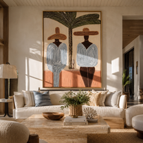 Two Blue Silhouettes Share the Shade - Striped Resort Friends under Palm painting by Claire Whitmore, modern coastal vertical wall art – styled room scene view 4