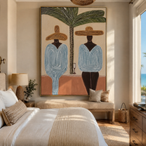 Two Blue Silhouettes Share the Shade - Striped Resort Friends under Palm painting by Claire Whitmore, modern coastal vertical wall art – styled room scene view 5