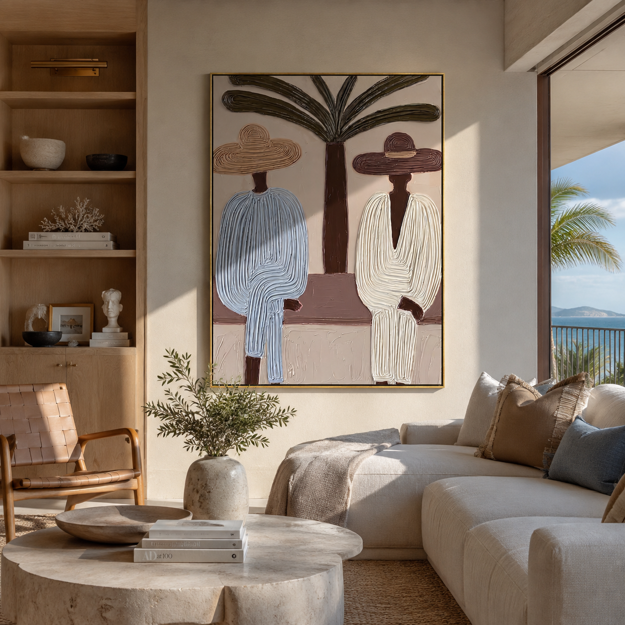 Palm Trunk Divides a Quiet Pair - Two Resort Men in Broad Hats painting by Claire Whitmore, modern coastal vertical wall art – styled room scene view 1