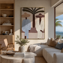 Palm Trunk Divides a Quiet Pair - Two Resort Men in Broad Hats painting by Claire Whitmore, modern coastal vertical wall art – styled room scene view 1